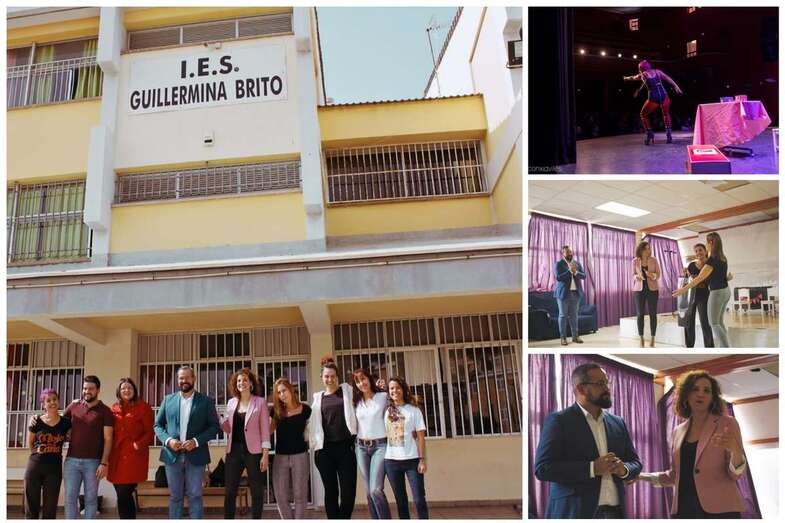 La consejera Sara Ramírez, hoy en el IES Guillermina Brito, junto al concejal Jonay López, en la clausura de la gira de Frágil (Foto TA)